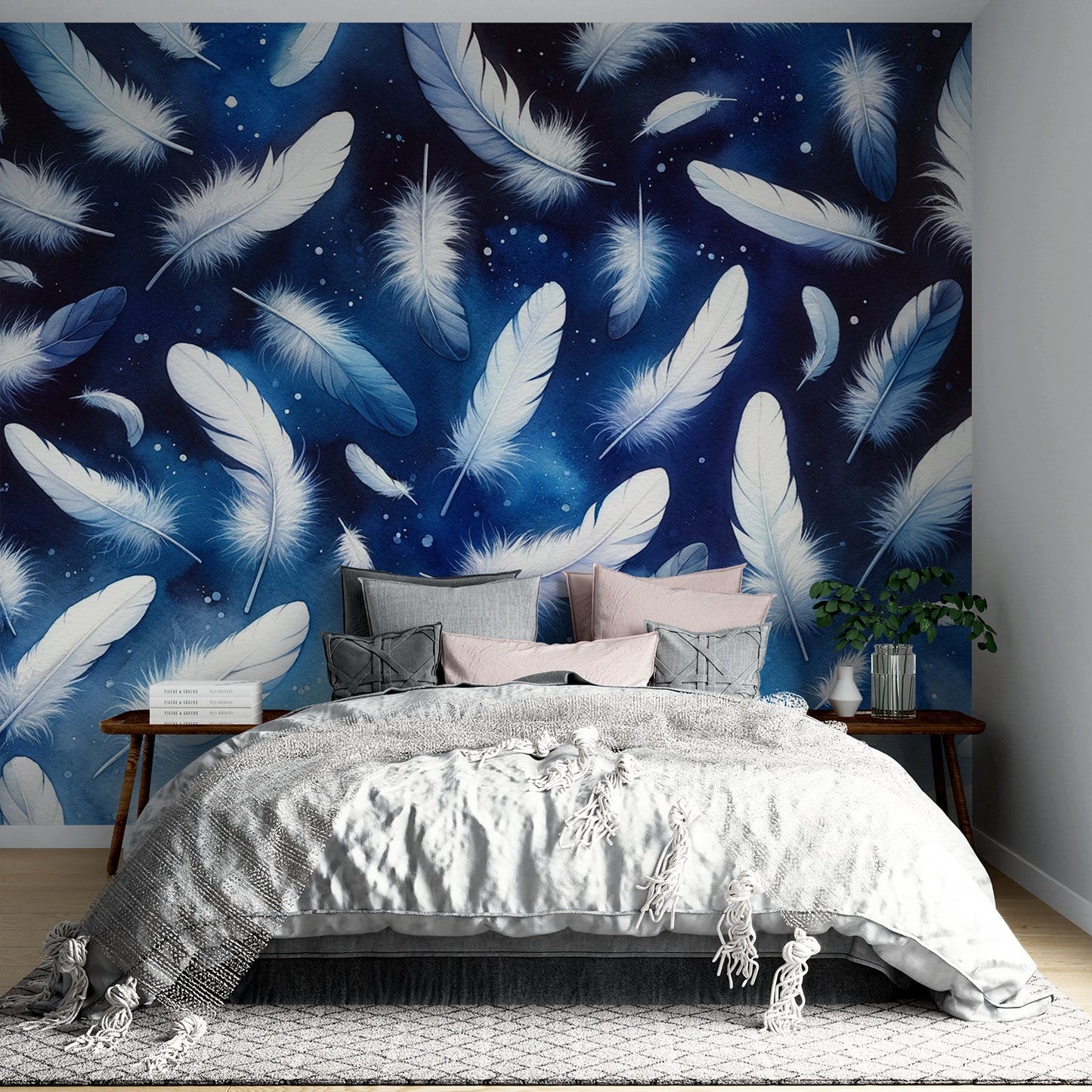 Feather Wallpaper | Midnight Blue Watercolour with White Feathers