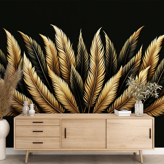 Feather Wallpaper | Gold on Black Background Design