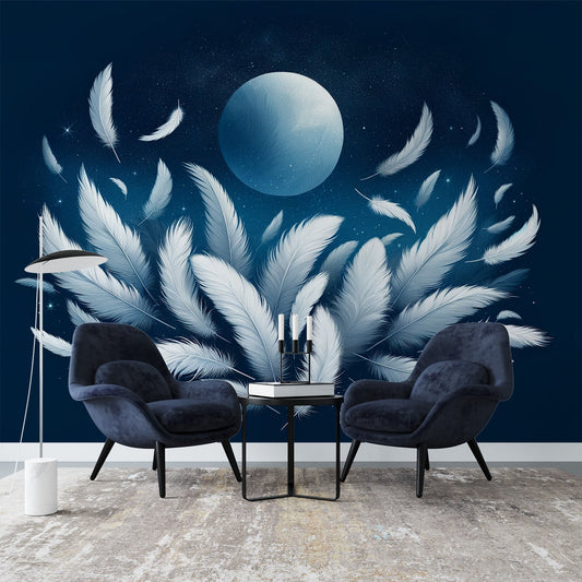 Feather Wallpaper | Moon and White Feather on Midnight Blue Background