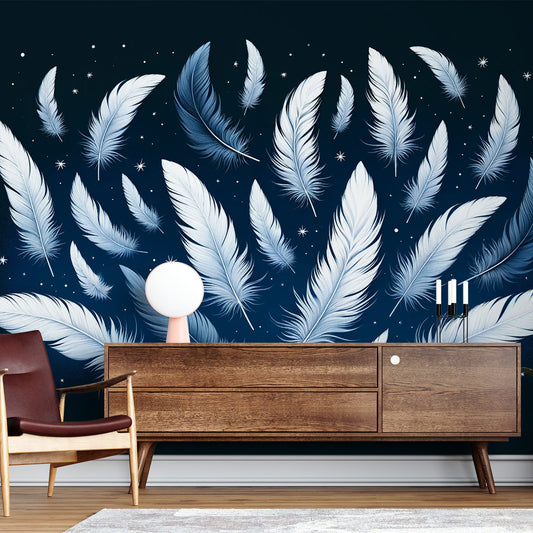 Feather Wallpaper | Falling Feather on Midnight Blue Background
