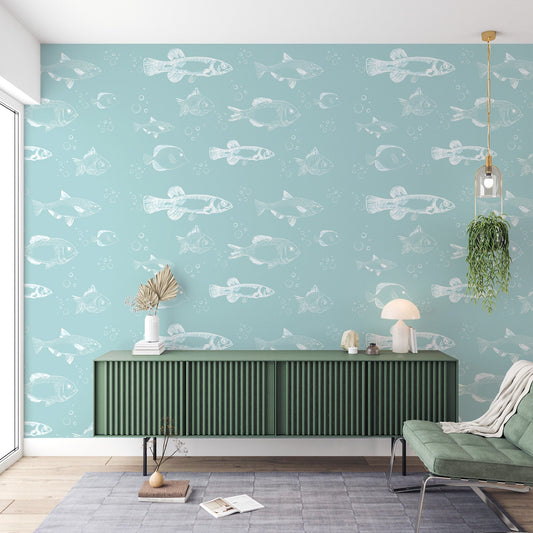 Fish wallpaper | White design on sky blue background