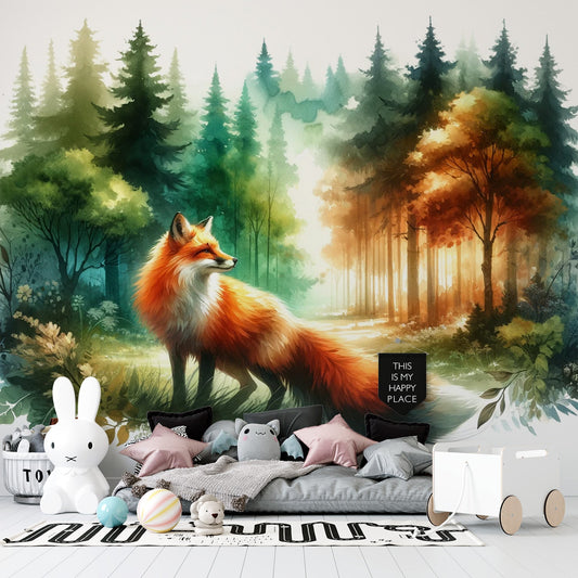 Watercolour Fox Wallpaper | Bright Colours and Lush Forest