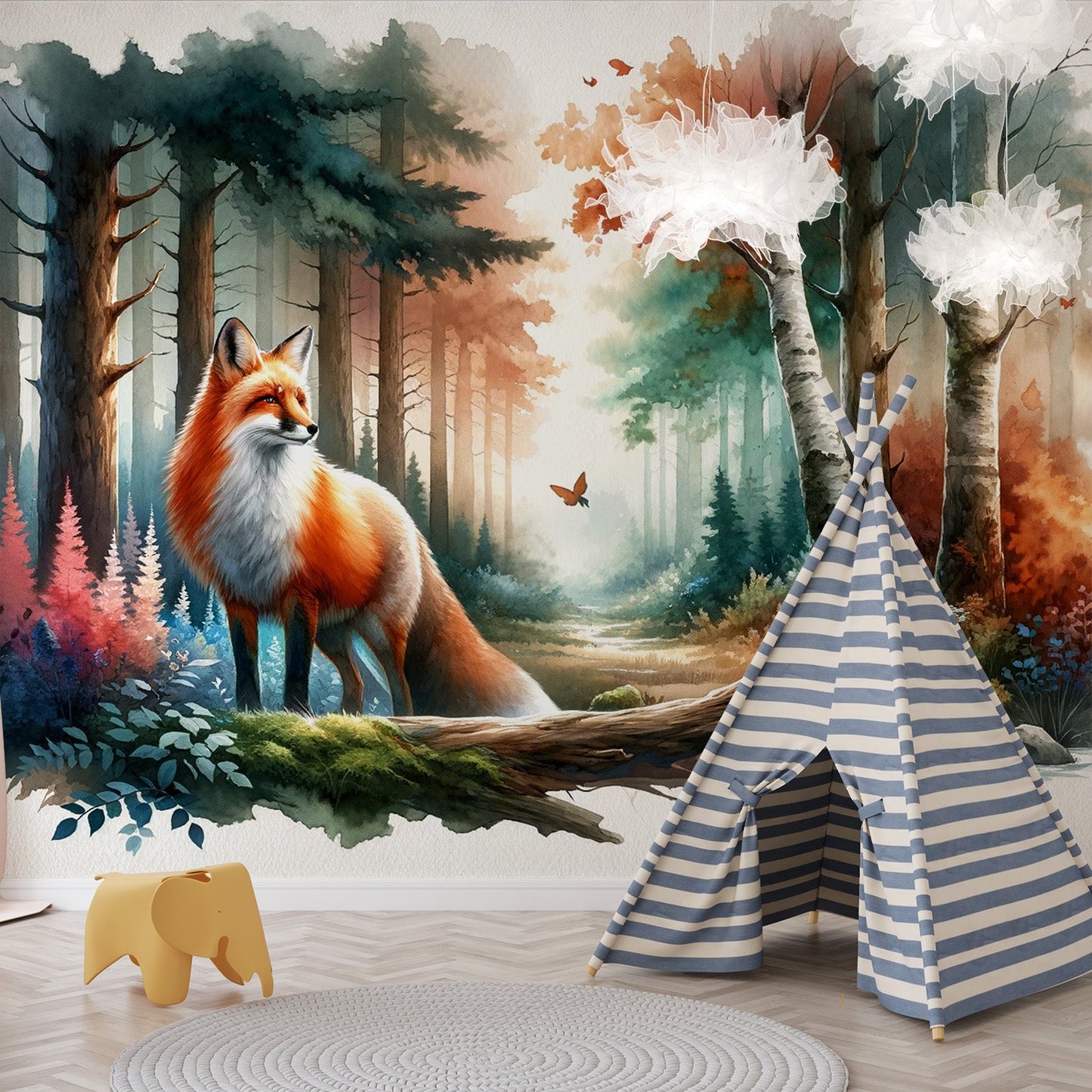 Watercolour Fox Wallpaper | Majestic Forest and Butterfly