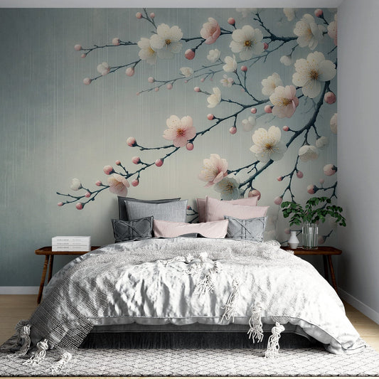 Sakura Wallpaper | Japanese Tree with Pink and White Flowers on Aged Blue Background