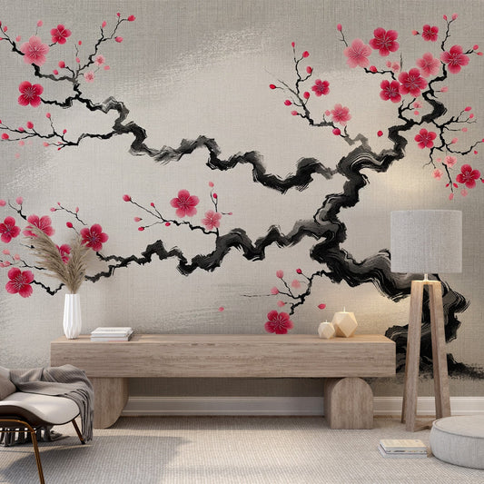 Sakura Wallpaper | Japanese Tree with Red Flowers and Grey Background