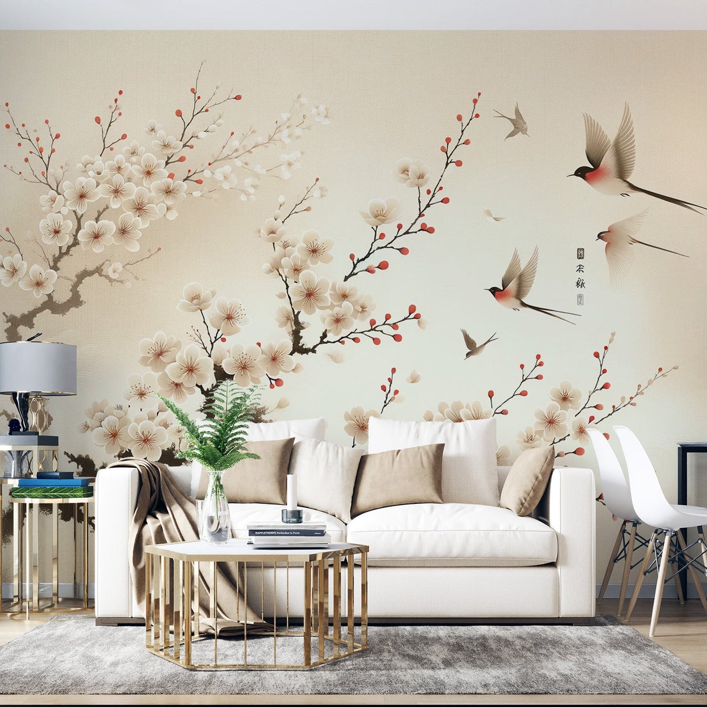 Japanese Sakura Wallpaper | White Flowers and Robin in Flight