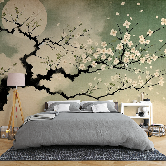 Japanese Sakura Wallpaper | Aged Background and Sakura Tree in Oil Painting