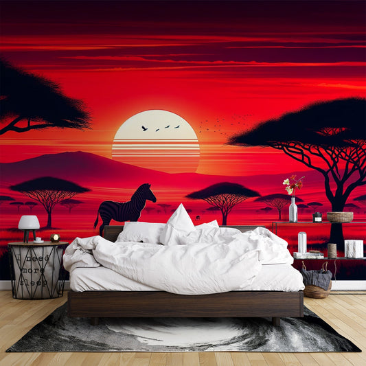 African Savannah Wallpaper | Red Sunset with Zebra