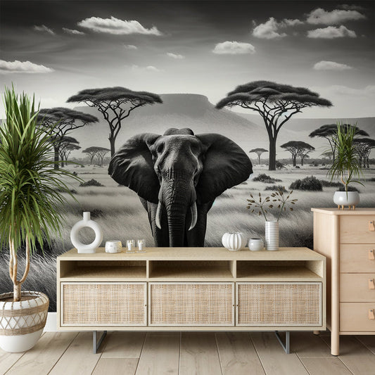 African Savannah Wallpaper | Black and White Elephant in the Savannah