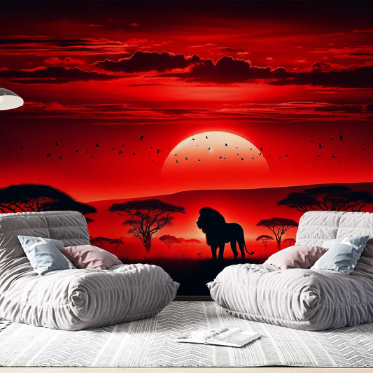 African Savannah Wallpaper | Lion with Red Sunset