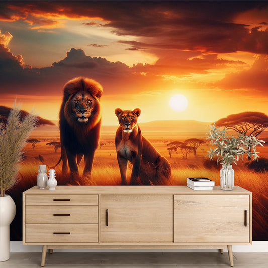 African Savannah Wallpaper | Lion and Lioness with Sunset