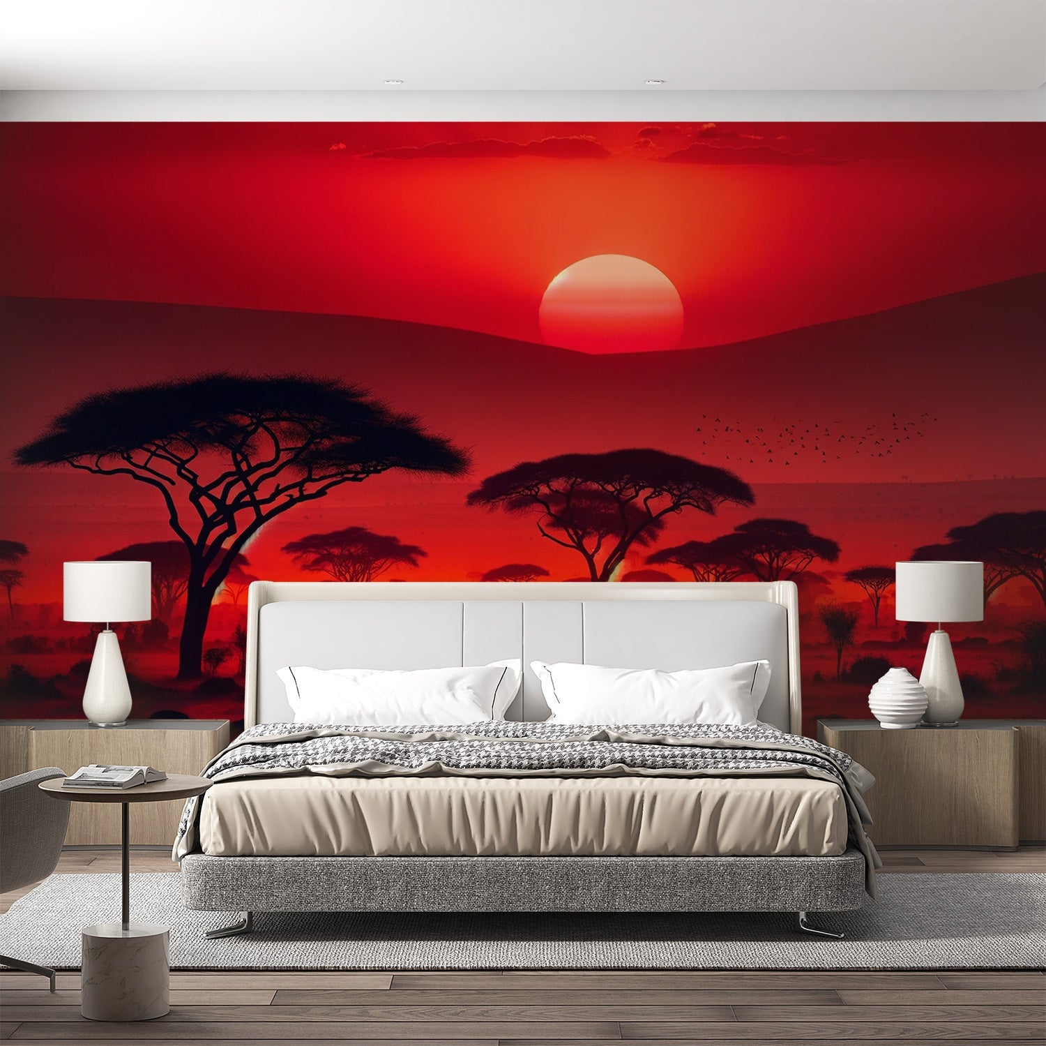 African Savannah Wallpaper | Red Sun and Elephant in the Savannah