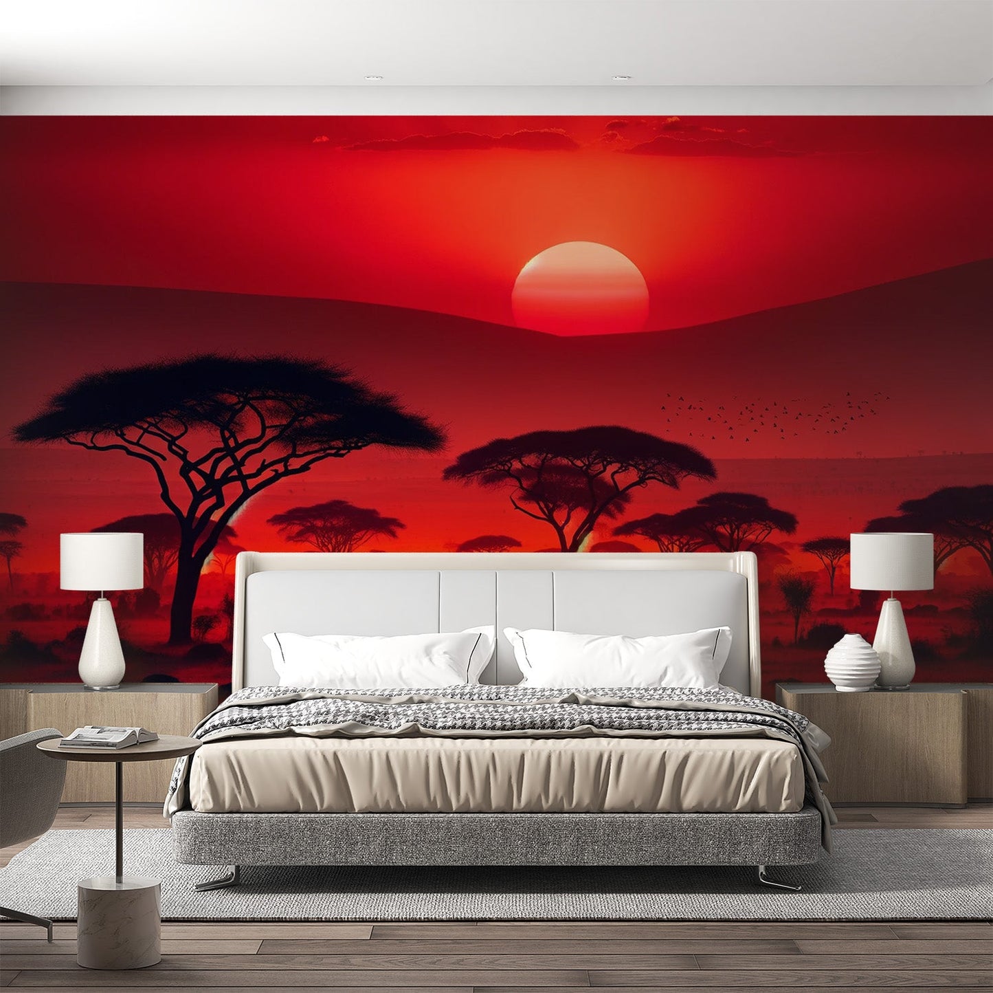 African Savannah Wallpaper | Red Sun and Elephant in the Savannah