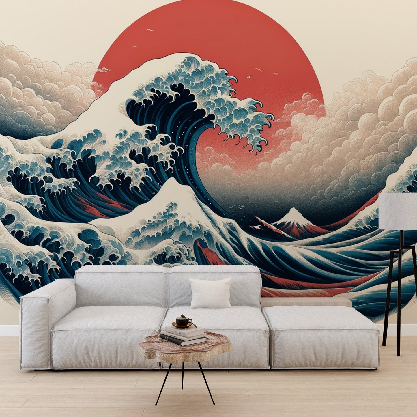 Japanese Wave Wallpaper | Red Sun Setting with White Clouds