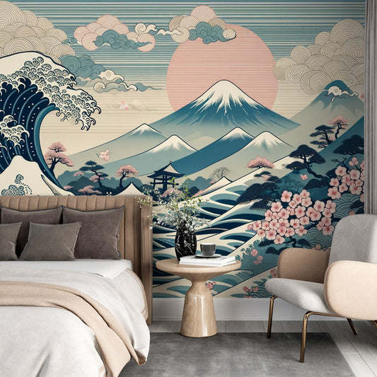 Japanese Wave Wallpaper | Mount Fuji and Pink Japanese Cherry Blossom