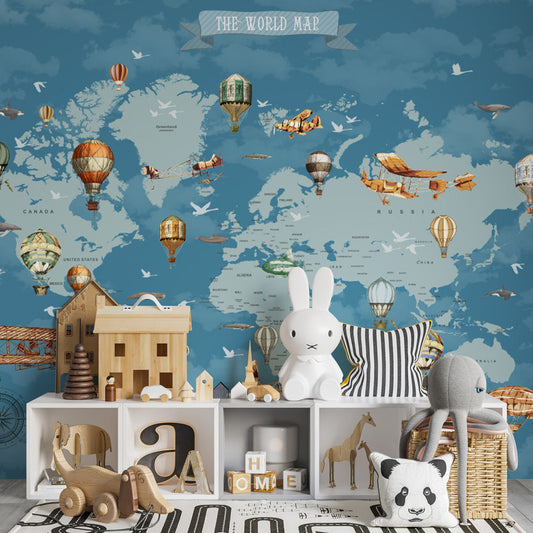 Blue World Map Wallpaper | Hot Air Balloons and Aeroplanes