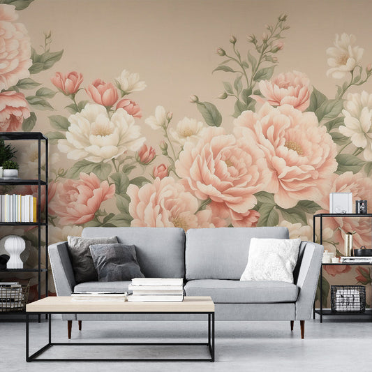 Vintage floral wallpaper | Pink and white flowers on a neutral background