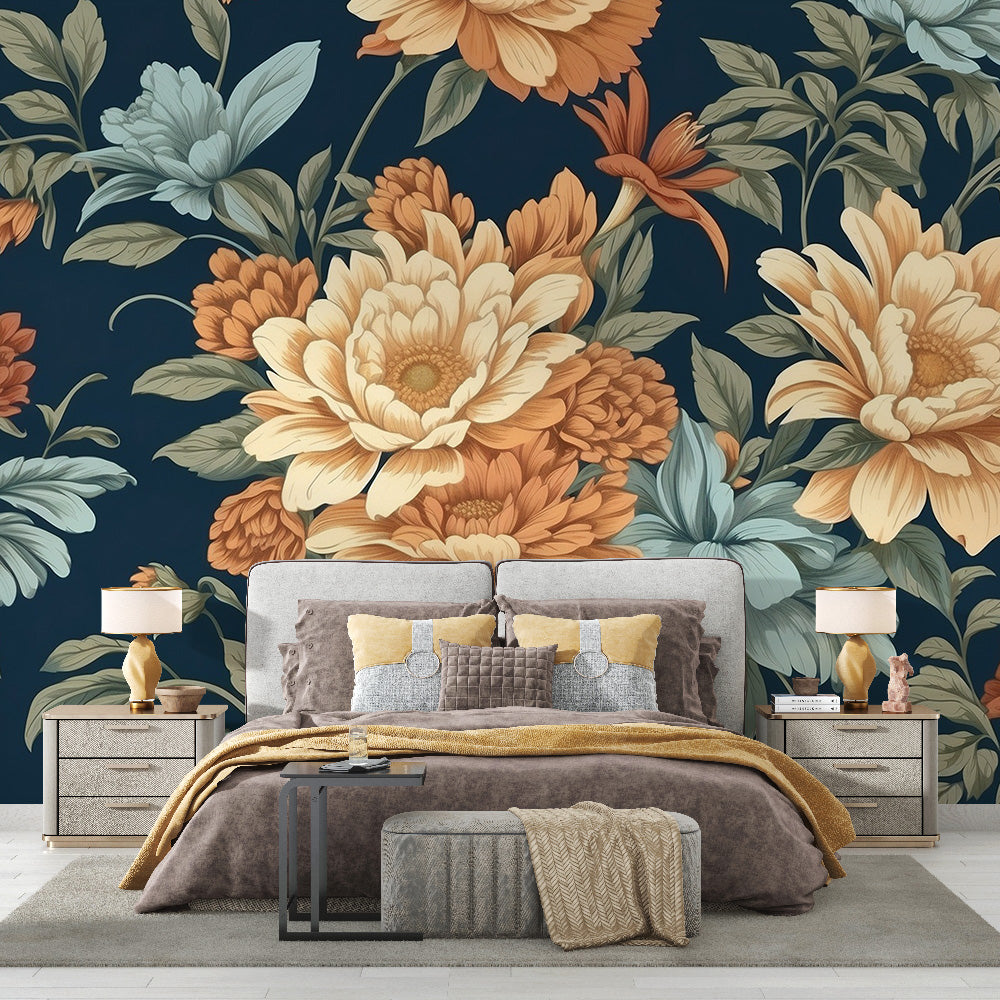 Vintage floral wallpaper | Bright flowers on midnight blue background