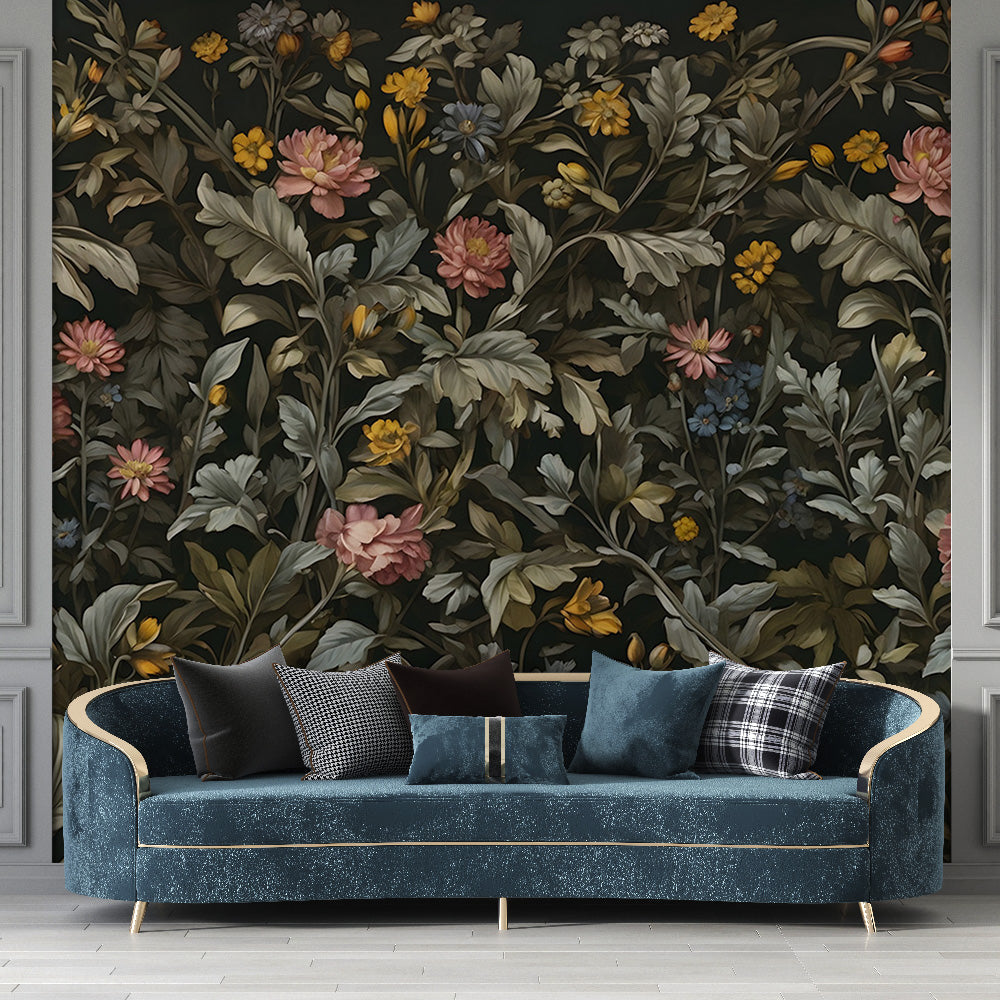 Vintage floral wallpaper | Neutral floral mural on black background