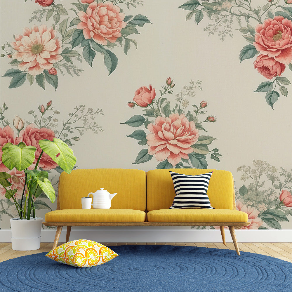 Vintage floral wallpaper | Large pink and red flowers