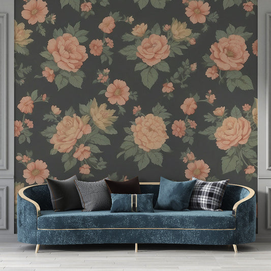 Vintage floral wallpaper | Roses with dark green leaves