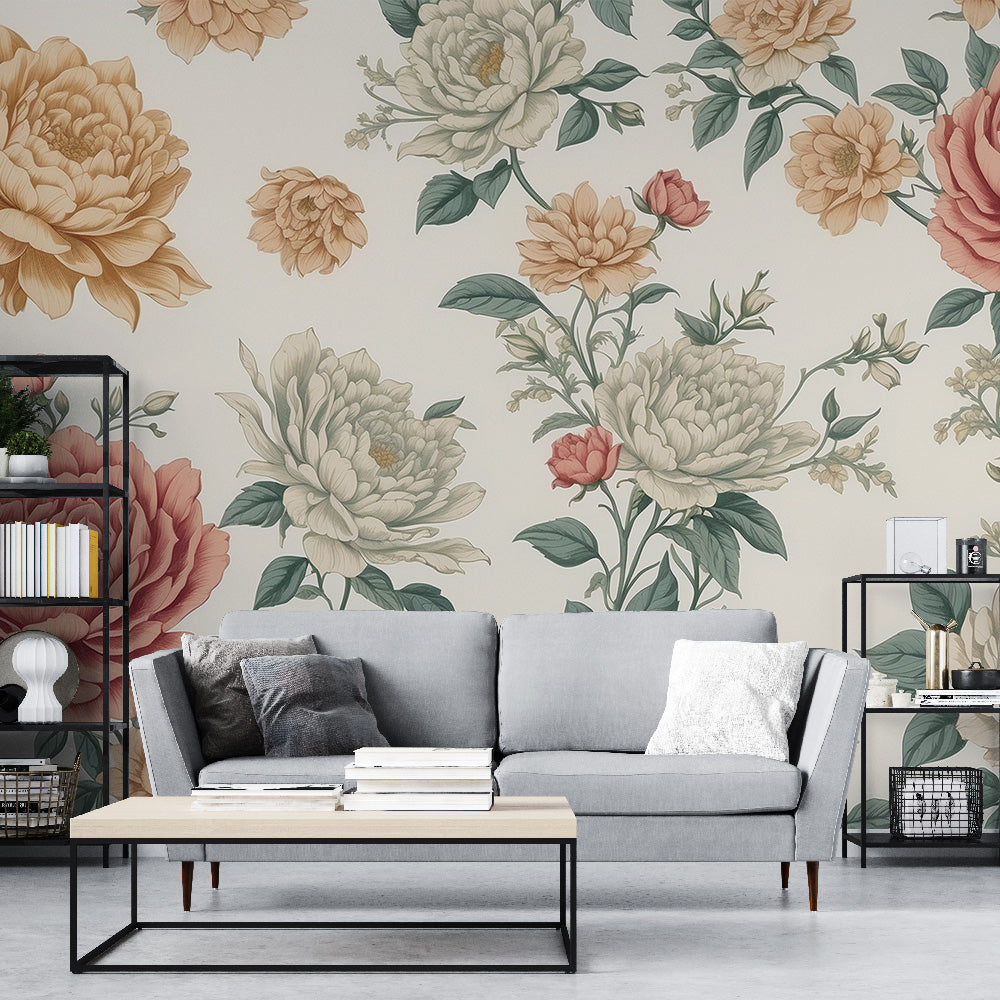 Vintage floral wallpaper | Pink, yellow and white