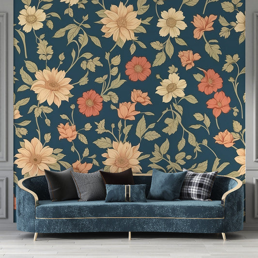 Vintage floral wallpaper | Yellow and red floral pattern on midnight blue background