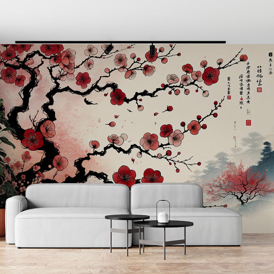 Japanese Cherry Blossom Wallpaper | Red with Japanese Writing