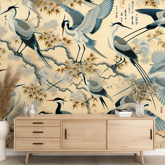 Japanese Bird Wallpaper | Cranes and Japanese Characters