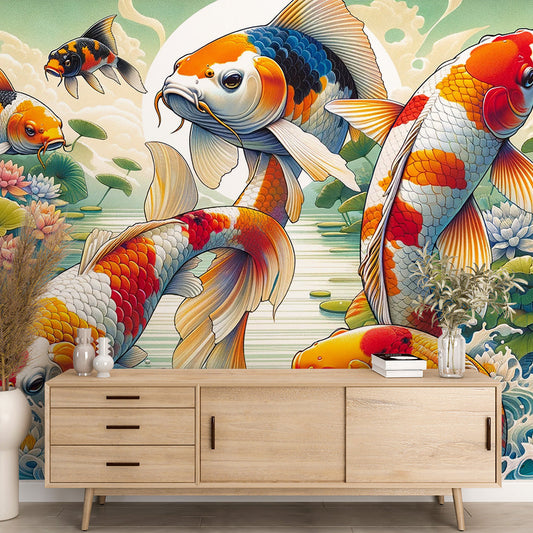 Japanese Fish Wallpaper | Koi Carp, Lotus, and Sunset