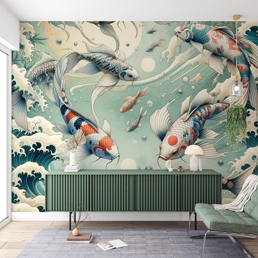 Japanese Fish Wallpaper | Koi Carp and Japanese Wave